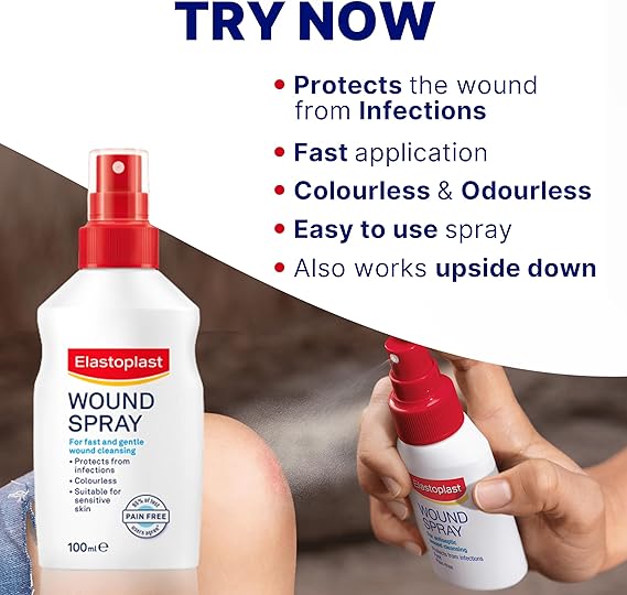 An image shows a hand spraying Elastoplast Wound Spray (100ml) onto a grazed knee. The text highlights its features: infection protection, fast application, colorless, odorless, easy use, and effective upside-down operation for rapid wound healing.