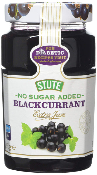 Jar of Stute Diabetic Jam Blackcurrant (430g) features a label with blackcurrants and green leaves, along with a purple sticker promoting diabetic recipes for a healthier lifestyle on the website.