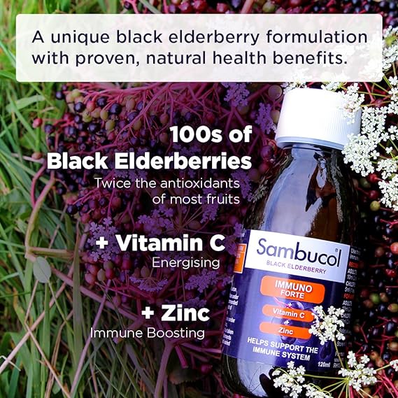 A bottle of Sambucol Immune Elderberry Extract Liquid (120ml) rests on elderberry clusters, highlighting its benefits: numerous elderberry extracts, vitamin C for energy, zinc for immunity, and twice the antioxidants of most fruits.