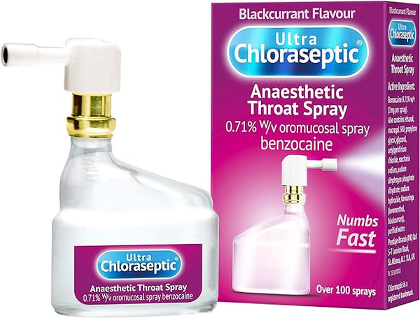 The Ultra Chloraseptic Anaesthetic Throat Spray Blackcurrant (15ml) features a convenient nozzle for easy use and offers quick sore throat pain relief with 0.71% benzocaine as an effective local anesthetic.