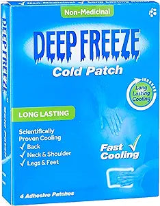 The blue pack of Deep Freeze Pain Relief Cold Patches offers fast, non-medicinal cooling relief for back, neck, shoulder, legs, and feet with 4 adhesive patches for long-lasting comfort.