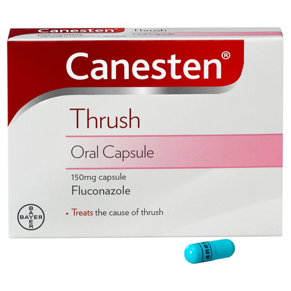 The Canesten Oral Capsule box displays a single blue 150mg fluconazole capsule prominently, highlighting its effectiveness in treating thrush and yeast infections.