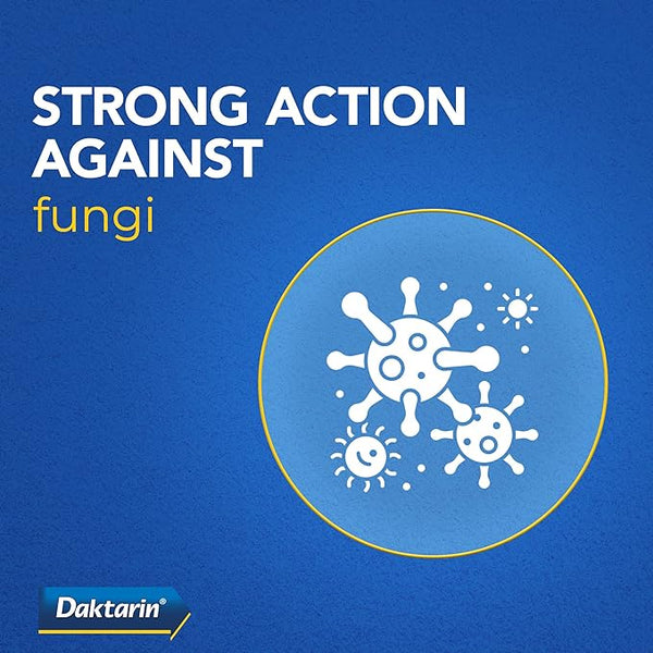 Blue background with bold white text: STRONG ACTION AGAINST and yellow text: fungi. Below, a yellow circle encloses an illustration of white fungi. The Daktarin logo in the bottom-left corner emphasizes its powerful Miconazole Nitrate formula targeting athletes foot. Product Name: Daktarin Aktiv Cream (30g).