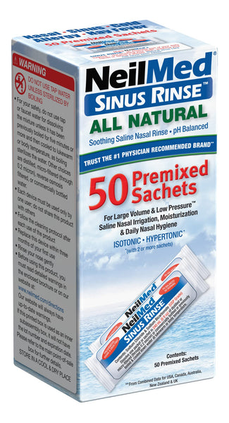 NeilMed Sinus Rinse (50 Sachets) offers drug-free sinus relief with gentle nasal irrigation, featuring clear text and images on the box.
