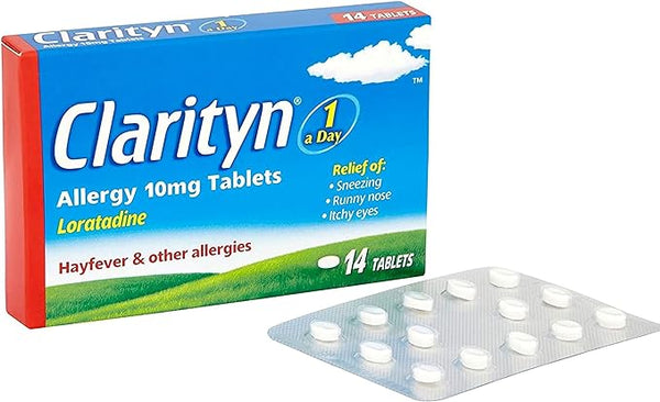 The Clarityn box contains 14 tablets for non-drowsy allergy relief, addressing sneezing, runny nose, and itchy eyes. The front showcases 1 a Day and includes an open blister pack with round tablets.
