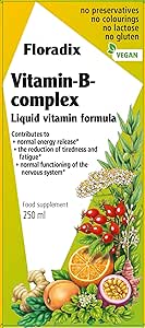 The Floradix Vitamin B Complex Liquid Formula (250 ml) by Miscellaneous comes in vibrant yellow packaging, highlighting benefits like energy metabolism and fatigue reduction. Its vegan-friendly, preservative-free, and gluten-free, with citrus fruit, herb, and seed illustrations.