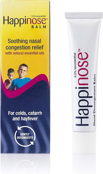 An image shows a Happinose Balm - Soothing Nasal Congestion Relief (14g) package and tube. Featuring 0.3% levomenthol and natural oils, its ideal for relieving nasal congestion caused by colds, catarrh, and hay fever.