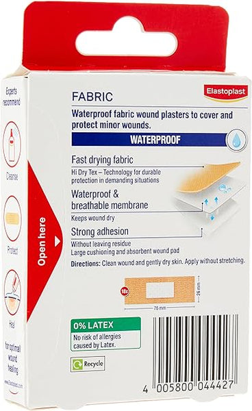 The back of the Elastoplast Waterproof Fabric Plasters (18) box showcases features like a stretchable, fast-drying fabric, strong adhesion, and a breathable membrane. These latex-free and recyclable plasters are perfect for your first aid kit and include illustrated easy application instructions.