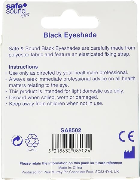 The packaging of the Safe & Sound Black Eye Shade has an elasticated headband and includes instructions, warnings, product info, a barcode, and recycling symbols. Made in China.