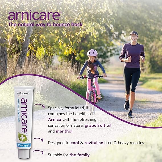 A woman jogs with a child on a sunny path. In the foreground, a Nelsons Arnicare Arnica Cooling Gel (30g) tube is shown, highlighting its natural ingredients and benefits for revitalizing tired legs and soothing aching muscles.