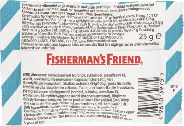 A 25g pack of Fishermans Friend Spearmint Menthol Lozenges (24 packs) offers effective cough and cold relief. Packaging features product info, ingredients, and nutrition details in multiple languages with the red Fishermans Friend logo.