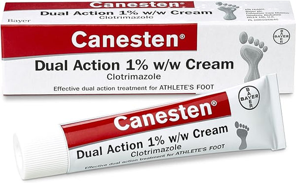 The Canesten Dual Action Cream (30g) containing 1% clotrimazole is ideal for treating athletes foot. It features a foot graphic on its packaging and the tube is displayed in front of its box.