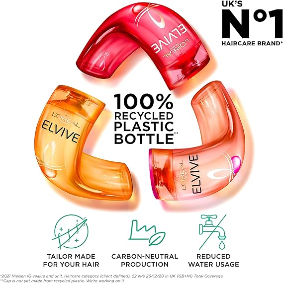 Three colorful shampoo bottles read 100% recycled plastic bottle, with icons below highlighting features: tailor-made for hair, carbon-neutral production, and reduced water use. The UKs No.1 haircare brand offers LOréal Elvive Dream Lengths Conditioner 400ml for stronger long hair to reduce breakage.