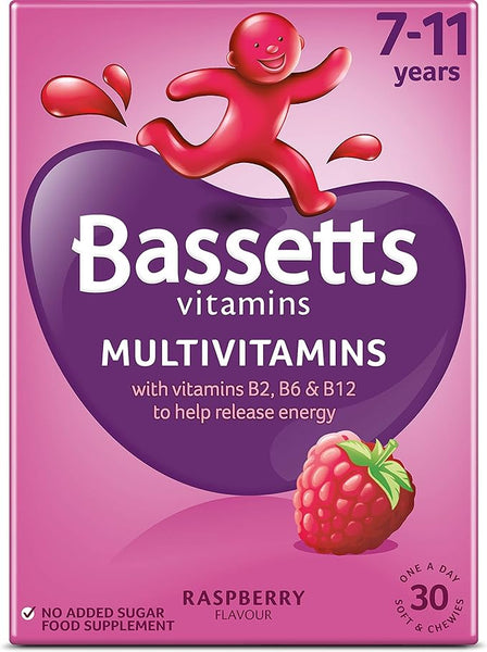 Bassetts Multi-vitamins for 7 to 11-year-olds come in a raspberry-flavored pack of 30 pastilles with a smiling character. Labeled Multivitamins for Children, they include B2, B6, and B12 for energy and contain no added sugar.