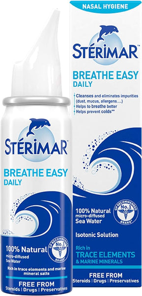 Image of the Sterimar Breathe Easy Daily Nasal Spray (50ml) package. The blue and white design highlights its 100% natural, micro-diffused seawater formula, providing effective nasal hygiene and allergy relief. This isotonic solution contains no steroids, drugs, or preservatives.