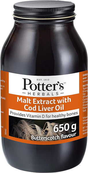 Potters Herbals Malt Extract with Cod Liver Oil (650g) provides Vitamins A & D for healthy bones in butterscotch flavor. Featuring a dark jar with an orange and white label, its a nutritious addition to your diet from the Potters brand.