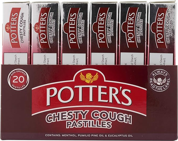 Image of a box containing packages of Red Potters Chesty Cough 20 Pastilles. The red and white packaging prominently displays the Potters brand, highlighting expectorant properties and inclusion of menthol, pumilio pine oil, and eucalyptus oil for catarrh relief.