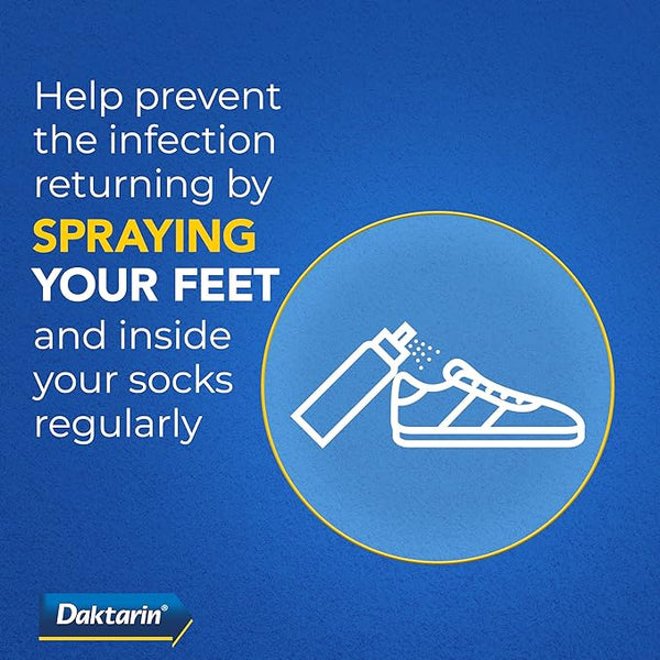 Against a blue backdrop, a circle featuring an outlined shoe being sprayed appears. The text suggests regularly applying the Daktarin Aktiv Spray Powder (100g) on your feet and inside your socks to help prevent athletes foot. The Daktarin logo is at the bottom left, accentuating its antifungal use with miconazole nitrate.