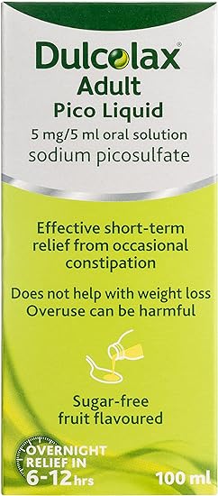 Image of Dulcolax Adult Pico Liquid packaging shows 5 mg/5 ml oral solution sodium picosulfate, highlighting Effective short-term constipation relief, Overuse can be harmful, and Sugar-free fruit flavored. Contains 100 ml. Brand: Dulcolax.