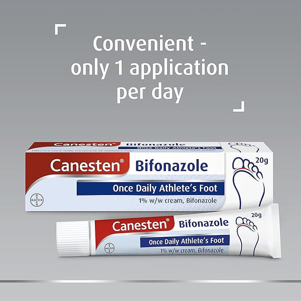 The image displays the Canesten Bifonazole Once Daily Athletes Foot Cream (20g) packaging, emphasizing its convenience for treating athletes foot. The box and tube declare Once Daily Athletes Foot with 1% w/w cream, Bifonazole. A foot illustration underscores its antifungal efficacy with one daily application.