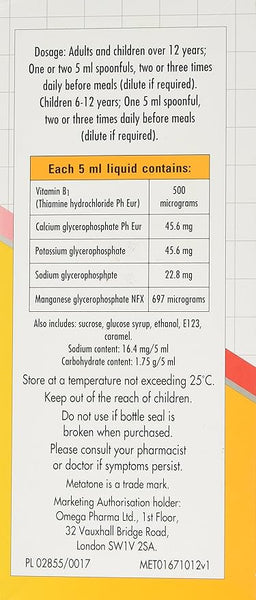 Image of a Metatone Tonic Original (500ml) box with dosage instructions for this health supplement. Adults/children take two 5 ml spoonfuls thrice daily. Contains Vitamin B1, calcium, and potassium. Storage instructions included. Brand: Metatone.