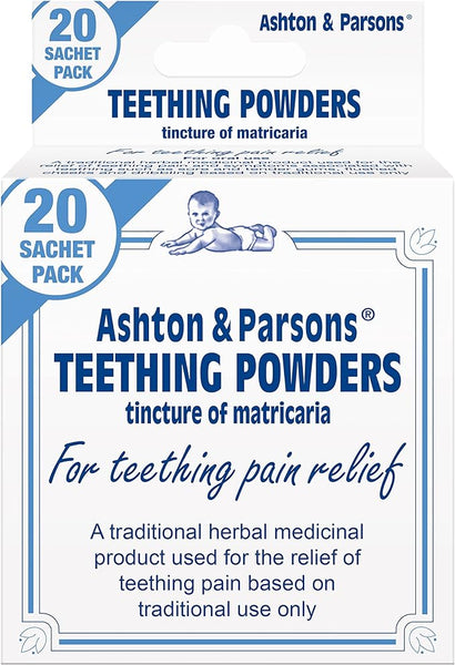 A box of Ashton and Parsons Teething Powders features a blue and white design with a baby illustration, highlighting 20 sachet pack. It promises teething relief using natural ingredients for soothing comfort.