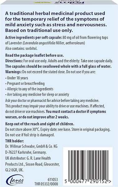 Kalms One-a-Day Lavender (14 Capsules) by Kalms is a herbal remedy for mild anxiety relief containing lavender flowers. It includes dosage instructions, warnings, and manufacturer info on the package. Suitable for adults and children over 12; store as directed for best results.