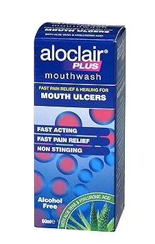 Aloclair Plus Mouthwash, 120ml, features a fast-acting, non-stinging formula highlighted in its blue package with red and white text. Alcohol-free and containing aloe vera and hyaluronic acid, its the perfect solution for soothing relief from mouth ulcers.