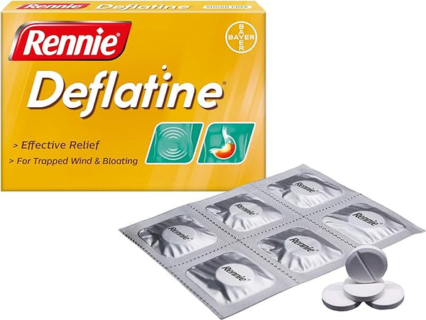 The Rennie Deflatine Trapped Wind & Bloatedness Relief (36 Tablets) box, featuring yellow packaging, promises Effective Relief for Trapped Wind & Bloating. Six white tablets in a blister pack are visible, with some showcased outside to emphasize its efficacy.