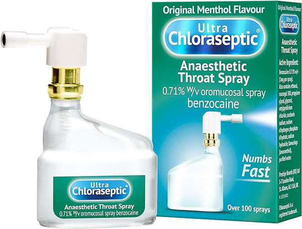 The Ultra Chloraseptic Anaesthetic Sore Throat Spray (15ml) provides fast relief with 0.71% w/v benzocaine, numbing sore throat discomfort in an original menthol flavor.