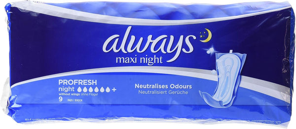 A blue package of Always Maxi Night Sanitary Towels (9 pack) by Always, featuring a pad illustration, a moon, and text highlighting secure guard technology for odour neutralization and overnight protection.