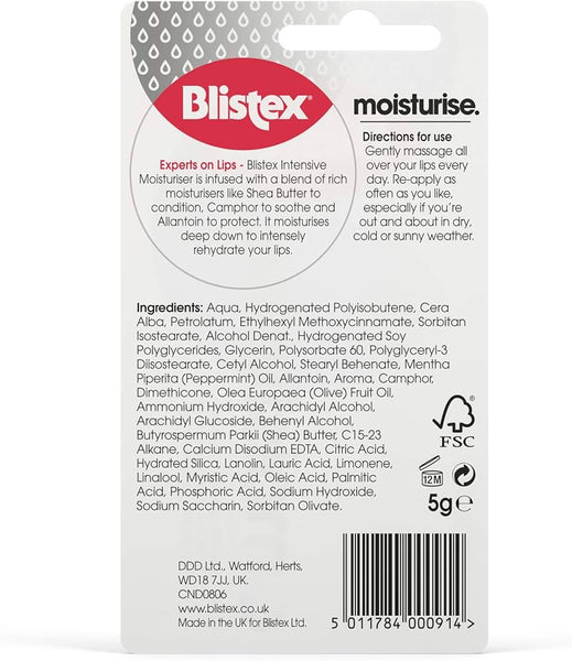 The image shows the back of a Blistex Intensive Moisturiser (75ml) package highlighting deep moisturization with Shea Butter, Allantoin, and SPF 15 protection. It provides full lip care with usage directions and an ingredient list.