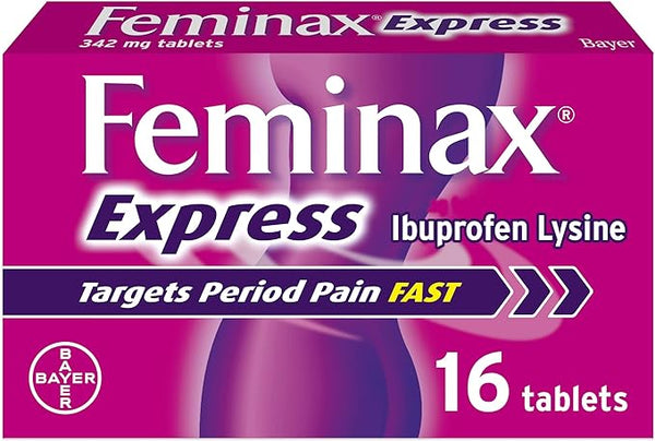 A purple box of Feminax Express 342mg Tablets contains 16 capsules for fast period pain relief, each with Ibuprofen Lysine. The packaging highlights quick action against period pain and features the Bayer logo in the lower left corner.