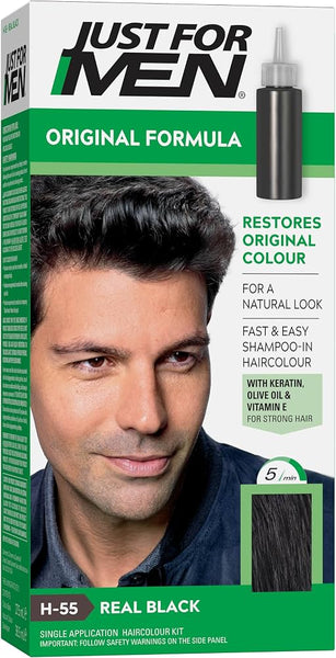 Just For Men Original Formula - Real Black H55 (1) hair color box by Just For Men features a man with black hair. The packaging highlights that it restores original color and covers stubborn gray hair, in the shade Real Black, and includes nourishing ingredients like keratin, olive oil, and vitamin E. An image of the applicator bottle is also shown on the box.