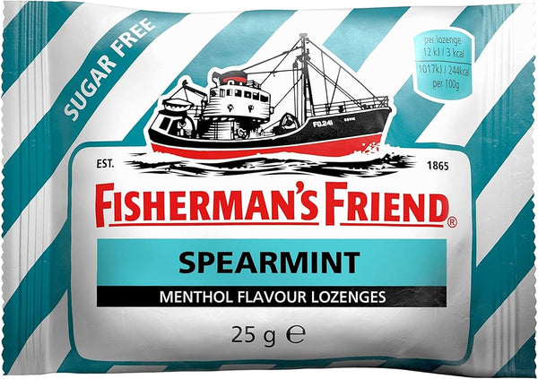 Fishermans Friend Spearmint Menthol Lozenges 25g (24 Packs): sugar-free lozenges in black and white fishing boat packaging with teal stripes. Great for cough and cold relief.