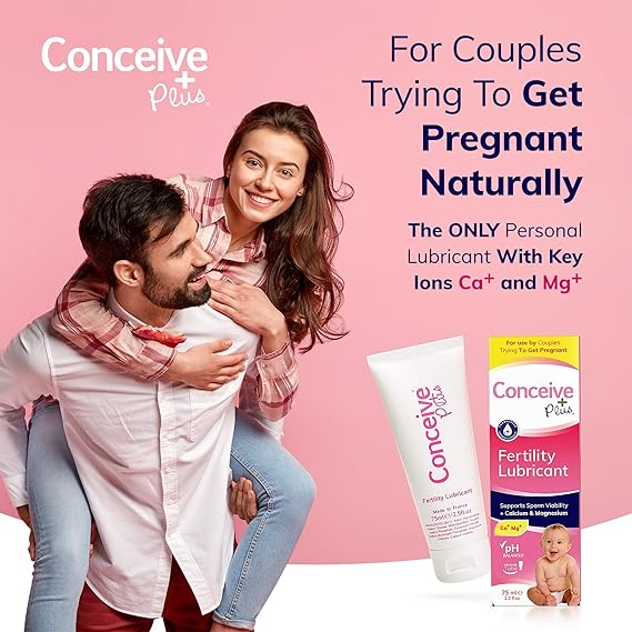 A smiling woman rides piggyback on a man, both dressed casually. Nearby, a Conceive Plus Fertility Lubricant Tube (75ml) and box symbolize hope. Text reads, For couples trying to get pregnant naturally, highlighting its ability to enhance sperm motility.