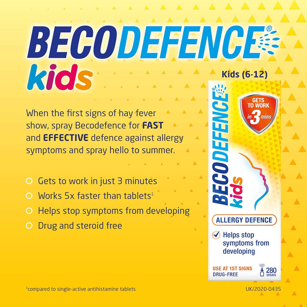 A vibrant ad for Beconase Allergy Defence Kids (280 sprays) by Beconase, offering fast nasal allergy relief for children aged 6–12. Works in 3 minutes, comes as a spray, and is drug and steroid free.