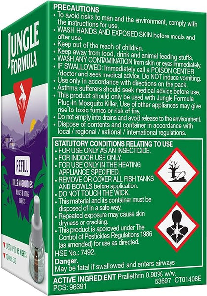 Image of a green Jungle Formula Plug-In Refill (35ml) box featuring precautionary text, statutory conditions, and product details. An image of mountains and trees on the left side highlights its effectiveness as an insecticide vapor solution.