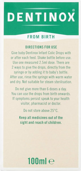 Dentinox Colic Drops (100ml) packaging provides detailed usage directions as an infant colic solution, including dosage, administration, and storage guidelines. If symptoms persist, consult a health professional for advice.