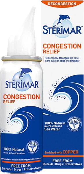 Sterimar Congestion Relief Orange Nasal Spray (100ml) features a blue and white design with a dolphin logo. It highlights its 100% natural sea water formula, enriched with copper, ensuring effective decongestion without steroids, drugs, or preservatives.