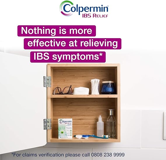 An open bathroom cabinet displays toiletries alongside a box of Colpermin IBS Relief Capsules (100 caps). Text states, Nothing is more effective at relieving IBS symptoms. A footnote provides claims verification via phone number.