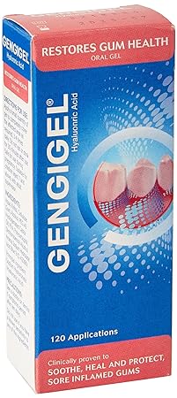 The Gengigel Range - Mouth Gel (20ml) package has a blue-red design highlighting Restores Gum Health and 120 Applications. It shows gums with a net. This treatment uses hyaluronan to effectively soothe, heal, and protect gums.