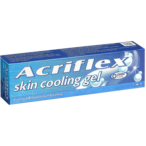 The Acriflex Cooling Gel (75ml) in a blue box displays the OSMO Care logo and the phrase Cooling, Rehydrating, Soothing, making it ideal for dry or irritated skin.