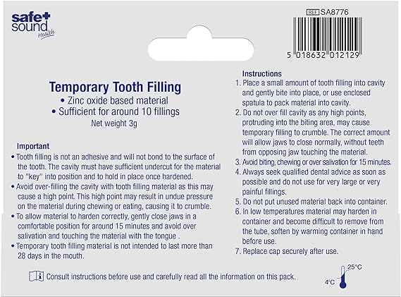 The Safe & Sound Temporary Tooth Filling package by Safe and Sound includes instructions, ingredients, and storage advice. It features a zinc oxide-based material for temporary pain relief, suitable for around 10 fillings, with a net weight of 3g.