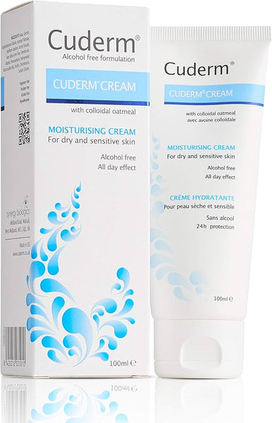 Cuderm Cream (500g), in a mostly white package with blue accents, is alcohol-free and enriched with colloidal oatmeal to restore the natural barrier and deliver intense moisture for dry, sensitive skin.