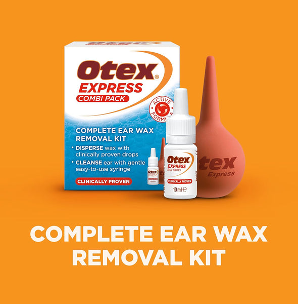 The Otex Express Combi Pack (10ML) is highlighted, including a bottle and bulb syringe on an orange backdrop. This ear wax treatment from Otex ensures gentle and clinically proven wax dispersal for effective ear cleaning.