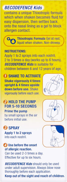 Beconase Allergy Defence Kids (280 sprays) by Beconase: Illustrated guide shows how to shake, hold pump, and spray. Use before allergy symptoms. For children 6-12 years old; includes nasal allergy relief tips and safety advice.