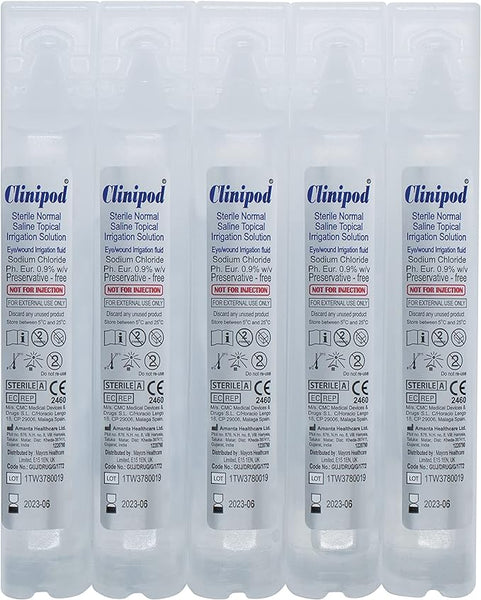 Five Clinipod Normal Saline Sterile Pods are aligned. Each pod is labeled with non-injection symbols and CE marking, compliant for medical use. Ideal for topical irrigation in wound care.