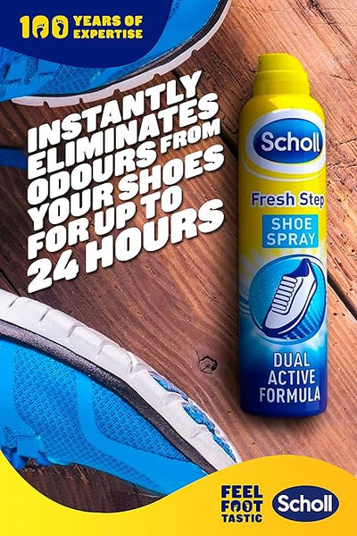 A 150ml can of Scholl Fresh Step Anti-Perspirant Foot Spray, next to a blue sneaker, promises to eliminate odors for up to 24 hours. The image includes Scholls logo and 100 years of expertise at the top left.