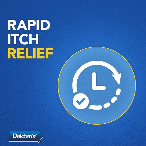 A blue background features white text stating Rapid Itch Relief in yellow and white, emphasizing quick relief from fungal infections. A clock icon with an arrow suggests fast action. The Daktarin logo is at the bottom left, recognized for the effectiveness of Daktarin Intensiv Athletes Foot Cream (15g).